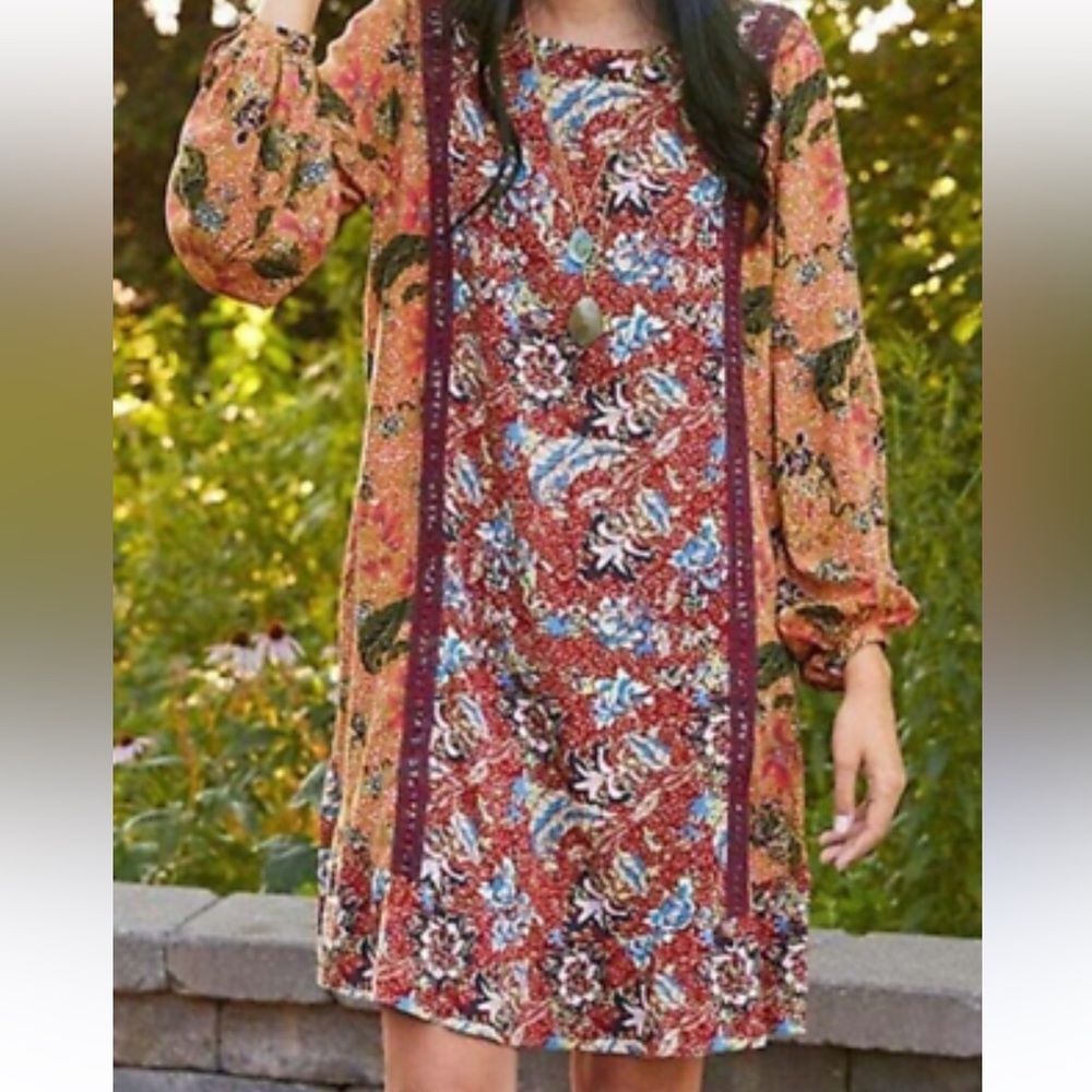 MATILDA JANE Lovely Menagerie Dress Orange & Burgundy Floral Shift. Size Medium